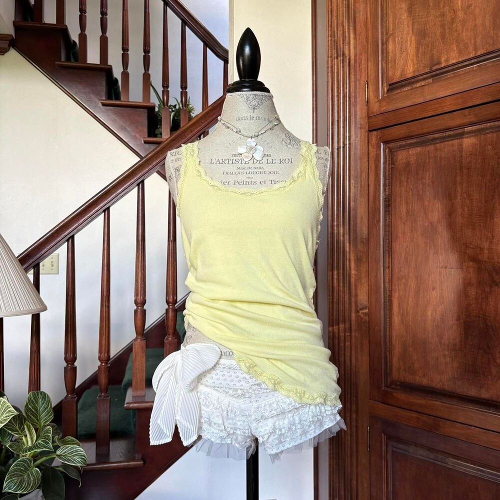 American Eagle Outfitters Yellow Lace Trim Y2k Tank Top Sleep Dress